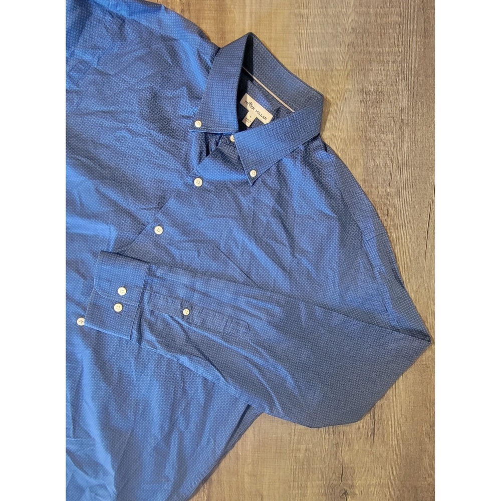 Peter Millar Mens Large Geometric Print AOP Blue Button Down Dress Shirt EUC